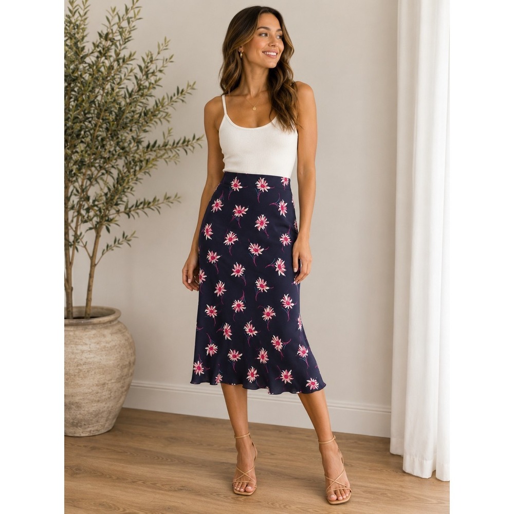 Karen Kane Women's Dark Navy‎ Floral Midi Slip Skirt Sz S NWOT Pull-On Romantic